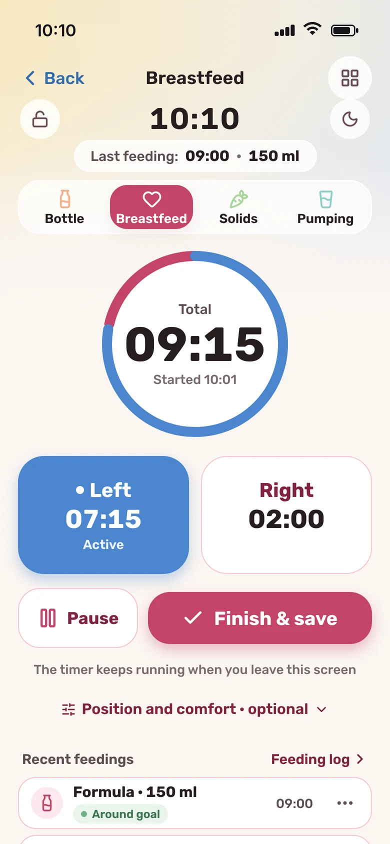 Breastfeeding, a timer per side